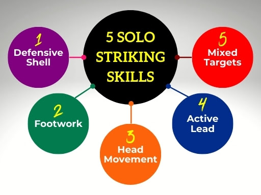 Five solo striking skills: defensive shell, footwork, head movement, active lead, and mixed targets.
