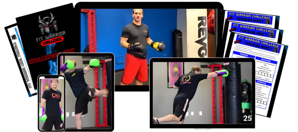 The existing Starter Kit: Coach Forrest’s video lessons, heavy-bag workouts, and Fit Warrior Challenge materials displayed across screens and printed packets